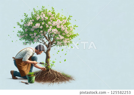 A man taking care of a tree. Space for text. 125582253