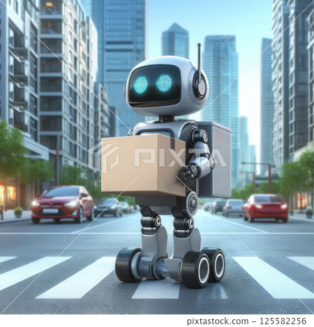 A delivery robot against the background of a cityscape. 125582256