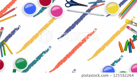 Image of school materials over stroke of crayons Image of school materials over stroke of crayons 125582264