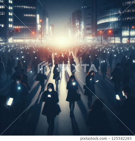 People with phones walk through the city at night. People with phones walk through the city at night. 125582265