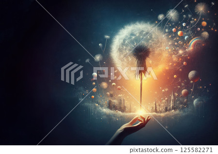 A large dandelion over the city. Abstraction. Space for text. 125582271