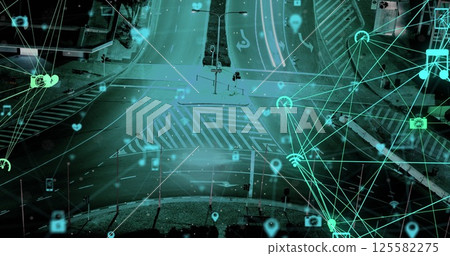 Image of network of conncetions with icons over street in city 125582275