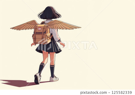 Walking girl with a backpack and wings. Space for text. Walking girl with a backpack and wings. Space for text. 125582339