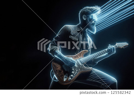A guitarist in neon lines plays an electric guitar. Space for text. 125582342