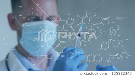 Image of chemical structures over caucasian male doctor with syringe and face mask 125582343