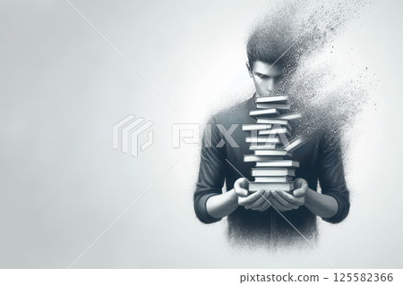 A man with disappearing books, symbolizing the loss of knowledge. Space for text. 125582366