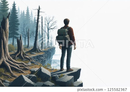 A traveler standing on the edge of a cliff. Space for text. 125582367