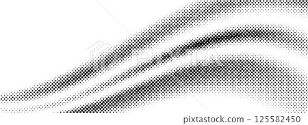 Black halftone dot wave pattern. Abstract grain fluid texture. Dotted curve wallpaper. Grit undulate swoosh overlay for poster, banner, brochure, flyer, leaflet, brochure. Vector rasterized background 125582450