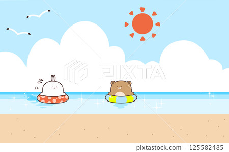 A bear and a rabbit swimming in the sea on a sunny summer day 125582485