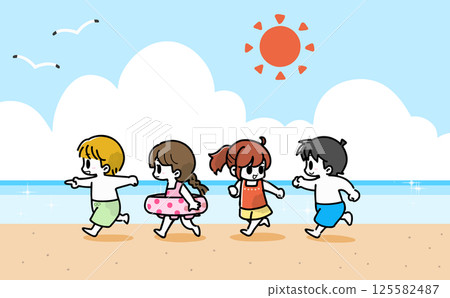 Children running around and playing in the sea 125582487