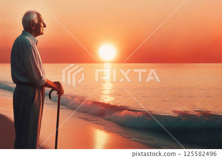 An elderly man on the beach watching the sunset. Space for text. 125582496