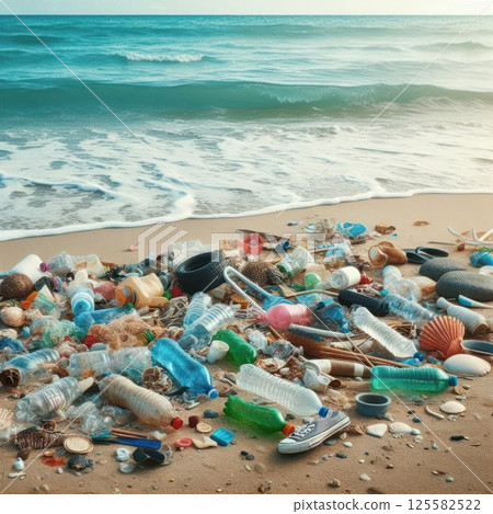 Scattered garbage on the shore by the sea. 125582522