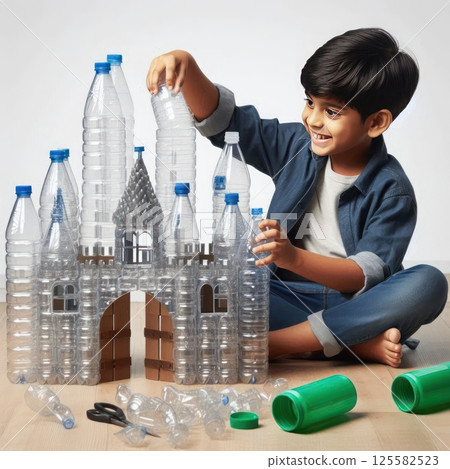 A boy builds a castle out of plastic bottles while sitting on the floor. 125582523