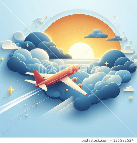 Airplane flying above the clouds against the background of a sunset. 125582524