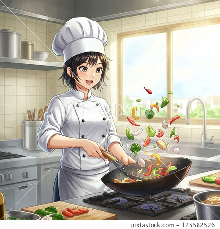 "Illustration of a professional female chef stir-frying vegetables in the kitchen" "Illustration of a professional female chef stir-frying vegetables in the kitchen" 125582526