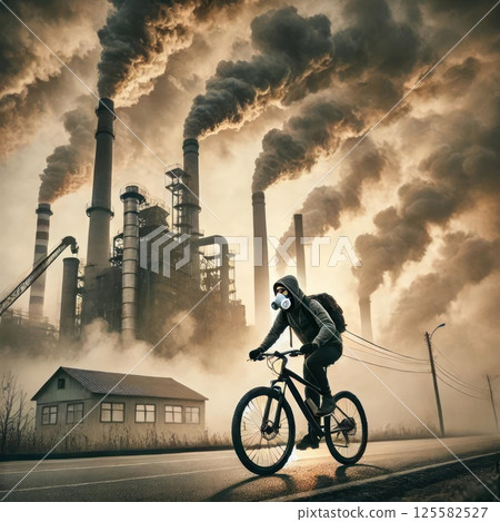 A cyclist rides against the background of thick smoke from factory emissions. A cyclist rides against the background of thick smoke from factory emissions. 125582527
