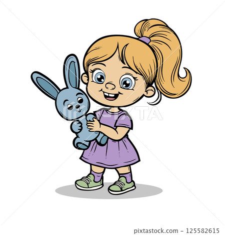 Cute little girl plays with stuffed bunny 125582615