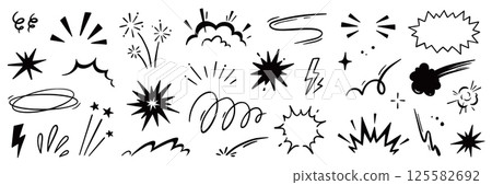 Line speed cartoon effect, boom explosive motion line element set. Comic boom burst, explosive smoke, line speed cartoon vector icon. Hand drawn sketch doodle action effect. Vector Line speed cartoon effect, boom explosive motion line element set. Comic boom burst, explosive smoke, line speed cartoon vector icon. Hand drawn sketch doodle action effect. Vector 125582692