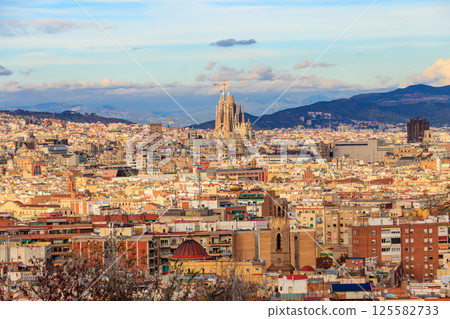 View of Barcelona city from the mountain Montjuic in Catalonia, Spain 125582733