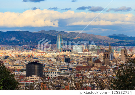 Panoramic view of Barcelona city from Montjuic hill, Catalonia, Spain 125582734