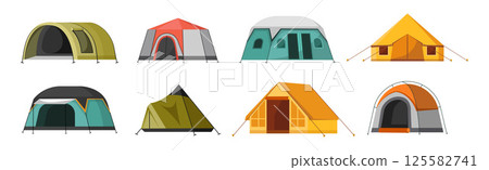 Hiking and Outdoor Tent Icon Set. Triangle and Dome Style Hiking and Outdoor Tent Icon Set. Triangle and Dome Style 125582741