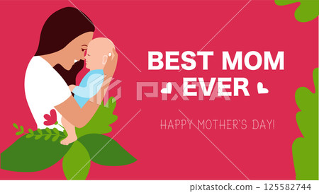 The pink banner mother and baby with text Best mom ever for happy holidays, template The pink banner mother and baby with text Best mom ever for happy holidays, template 125582744