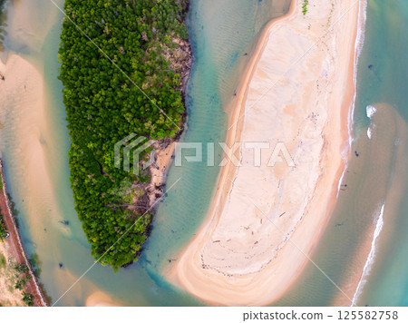 Aerial view of sandbar with sea water surface seascape background,Pink sand beach, Amazing summer background and holiday concept Aerial view of sandbar with sea water surface seascape background,Pink sand beach, Amazing summer background and holiday concept 125582758