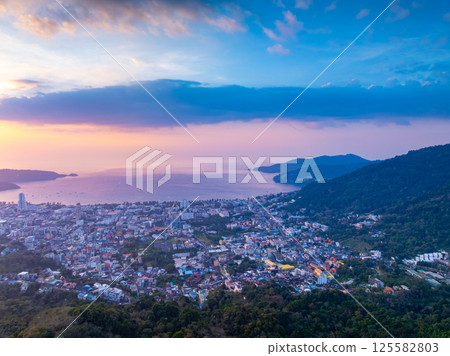 Aerial view of beautiful sunset sky over sea at Patong bay Phuket city Thailand 125582803