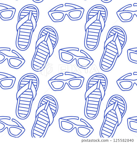 La dolce vita doodles seamless pattern slippers sunglasses. Blue on white vector illustration of italian style hand drawn posters. Wall art prints decor, for invitations, menus design. 125582840