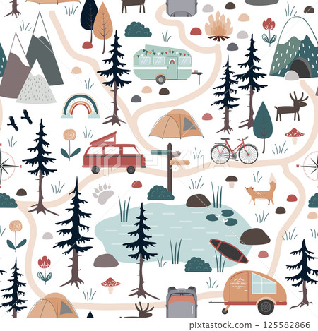 Summer Forest Camping Adventure, seamless pattern. Camping landscape vector background. Summer Forest Camping Adventure, seamless pattern. Camping landscape vector background. 125582866