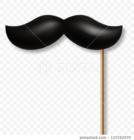 Vector 3d Realistic Black Mustache Prop on Stick. Simple Mustache for Party, Photo Booth, Masquerade, Costume, Funny Carnival, Cosplay, Hipster Style. Retro Gentlemen Look, Celebration and Fun 125582870