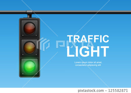 Vector Traffic Light with Green Signal on Blue Sky Background. Realistic Road Stoplight for Transportation, Safety, Driving, Crosswalk, Urban Street and Traffic Control Concept Design Vector Traffic Light with Green Signal on Blue Sky Background. Realistic Road Stoplight for Transportation, Safety, Driving, Crosswalk, Urban Street and Traffic Control Concept Design 125582871
