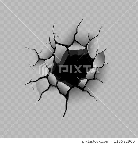 Realistic wall hole crack effect vector illustration, broken land crevice or cracked ground on transparent background 125582909