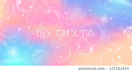 3D soap bubbles on colorful gradient, vector abstract background, realistic transparent water blobs, foam drops glares 3D soap bubbles on colorful gradient, vector abstract background, realistic transparent water blobs, foam drops glares 125582914