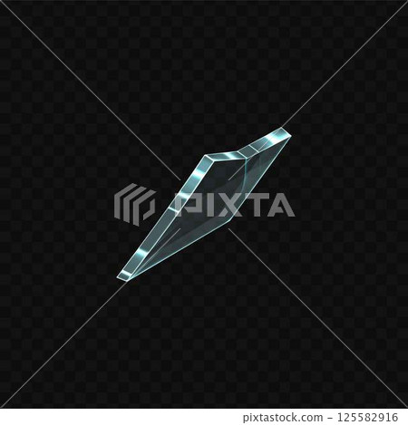 Broken glass piece, vector realistic mirror or window shard fragment, flying transparent sharp crystal or ice debris 125582916