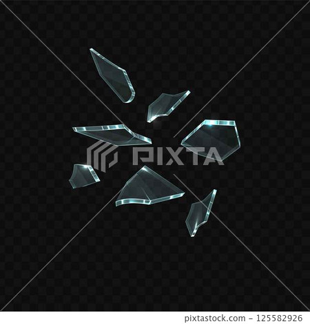 Broken glass shatter and pieces, vector realistic explode window shard fragment, flying transparent sharp crystal debris 125582926