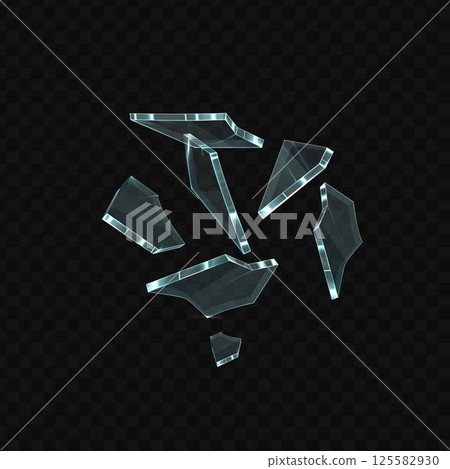 Broken glass shatter pieces, vector realistic explode mirror or window shard fragments, flying transparent sharp debris 125582930