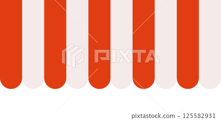 Red and white striped shop awning. Market canopy tent. Sun shade roof. Cafe awning. Shop striped canopy. Seamless pattern. Kiosk window border. Vector illustration isolated on white background 125582931