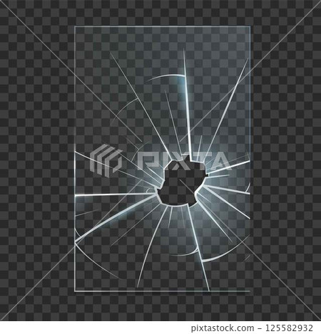 Broken glass shatter and hole, vector realistic abstract screen cracked effect background, shattered mirror or window 125582932