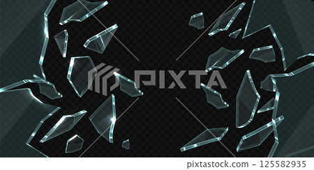 Broken glass shatter, vector realistic explode mirror or window on shard fragments, transparent crystal or ice debris 125582935