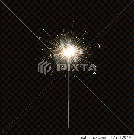 Realistic sparkling bengal light, sparkler vector illustration, glowing bang on the stick, bursting firework explosion 125582949