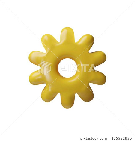 Yellow gear tool 3D vector design, mechanism wheel, cogwheel construction element, repair or setup system settings 125582950