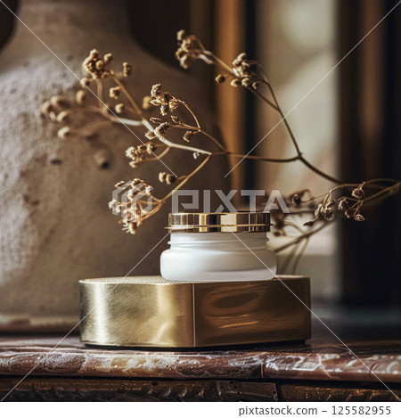 Cosmetic cream in a glass jar. Skin care concept. Background for beauty products 125582955