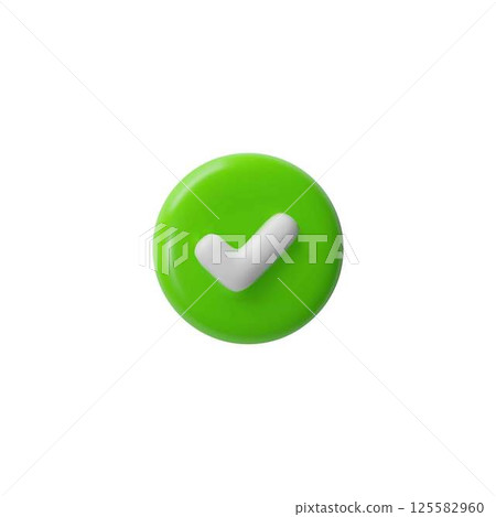 Vector 3D illustration of a round green icon with a white check mark. Vector 3D illustration of a round green icon with a white check mark. 125582960
