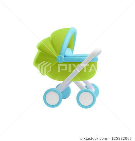 Baby carriage pram 3D cartoon plastic style vector icon, cute infant stroller, newborn buggy transport green blue design Baby carriage pram 3D cartoon plastic style vector icon, cute infant stroller, newborn buggy transport green blue design 125582995