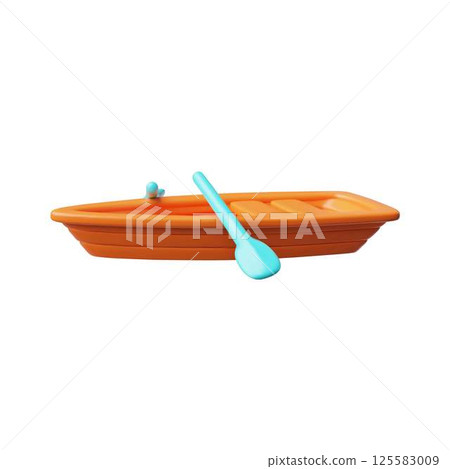 Wooden boat with paddles 3D cartoon vector icon, realistic small vessel, travel ship with oars, water transportation 125583009