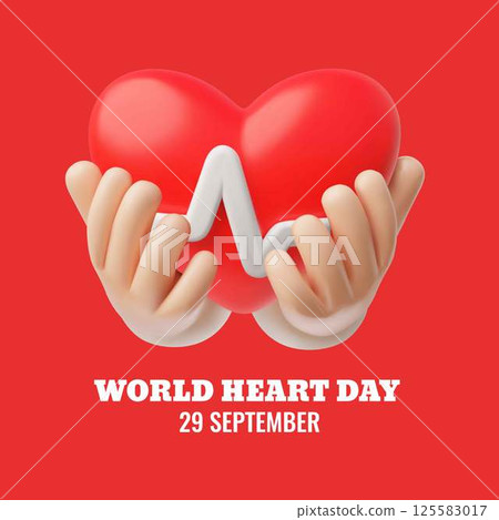 World heart day 29 September vector 3D poster, volume heart shape with pulse sign in hands, healthcare awareness concept World heart day 29 September vector 3D poster, volume heart shape with pulse sign in hands, healthcare awareness concept 125583017