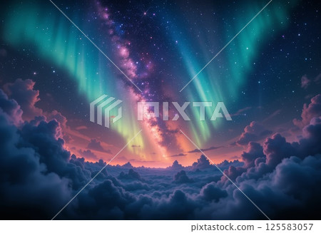 Vibrant fantasy sky with stars, galaxy and aurora glow. 125583057