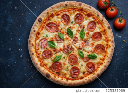 Pizza with salami and tomatoes, top view. 125583069
