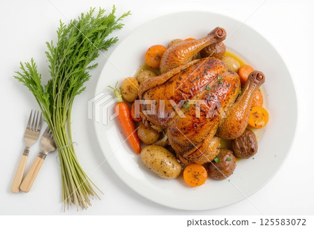 White plate of a roast chicken with roast potatoes, roast carrots, isolated on a white background. White plate of a roast chicken with roast potatoes, roast carrots, isolated on a white background. 125583072